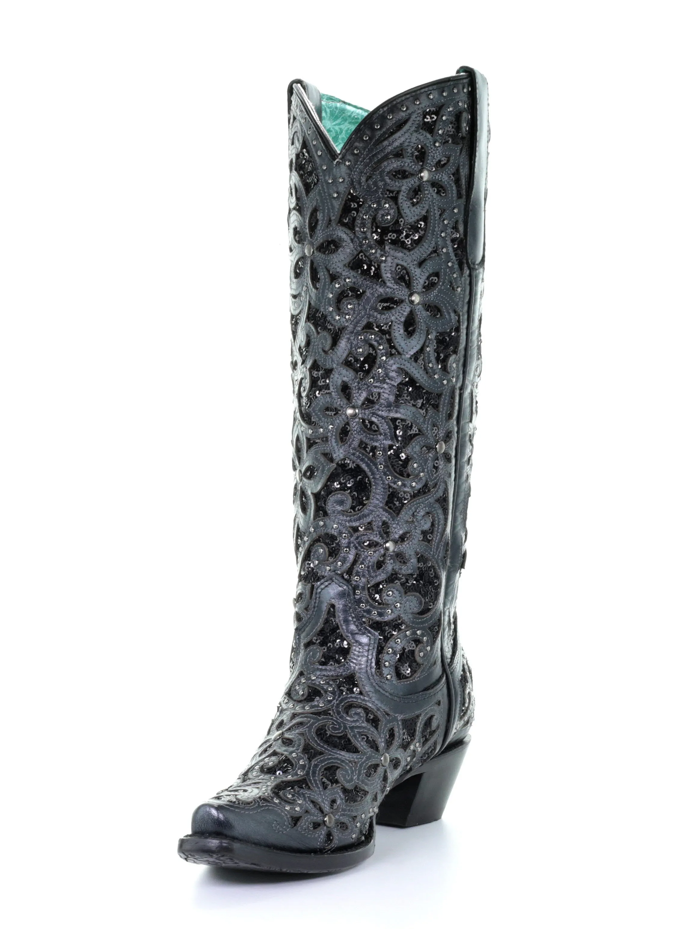 A3589 - Corral black western cowgirl leather sequins knee-high boots for women