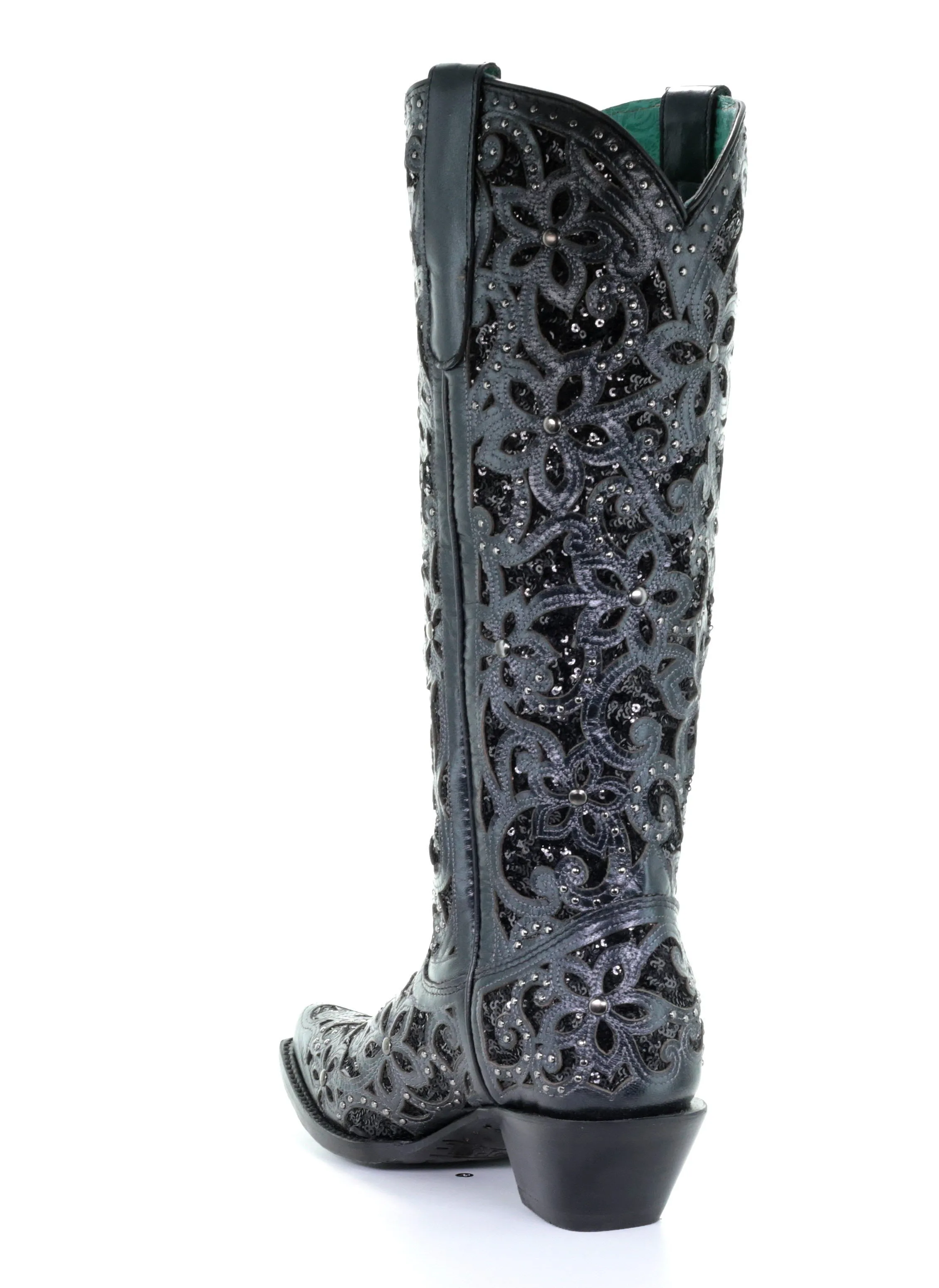 A3589 - Corral black western cowgirl leather sequins knee-high boots for women