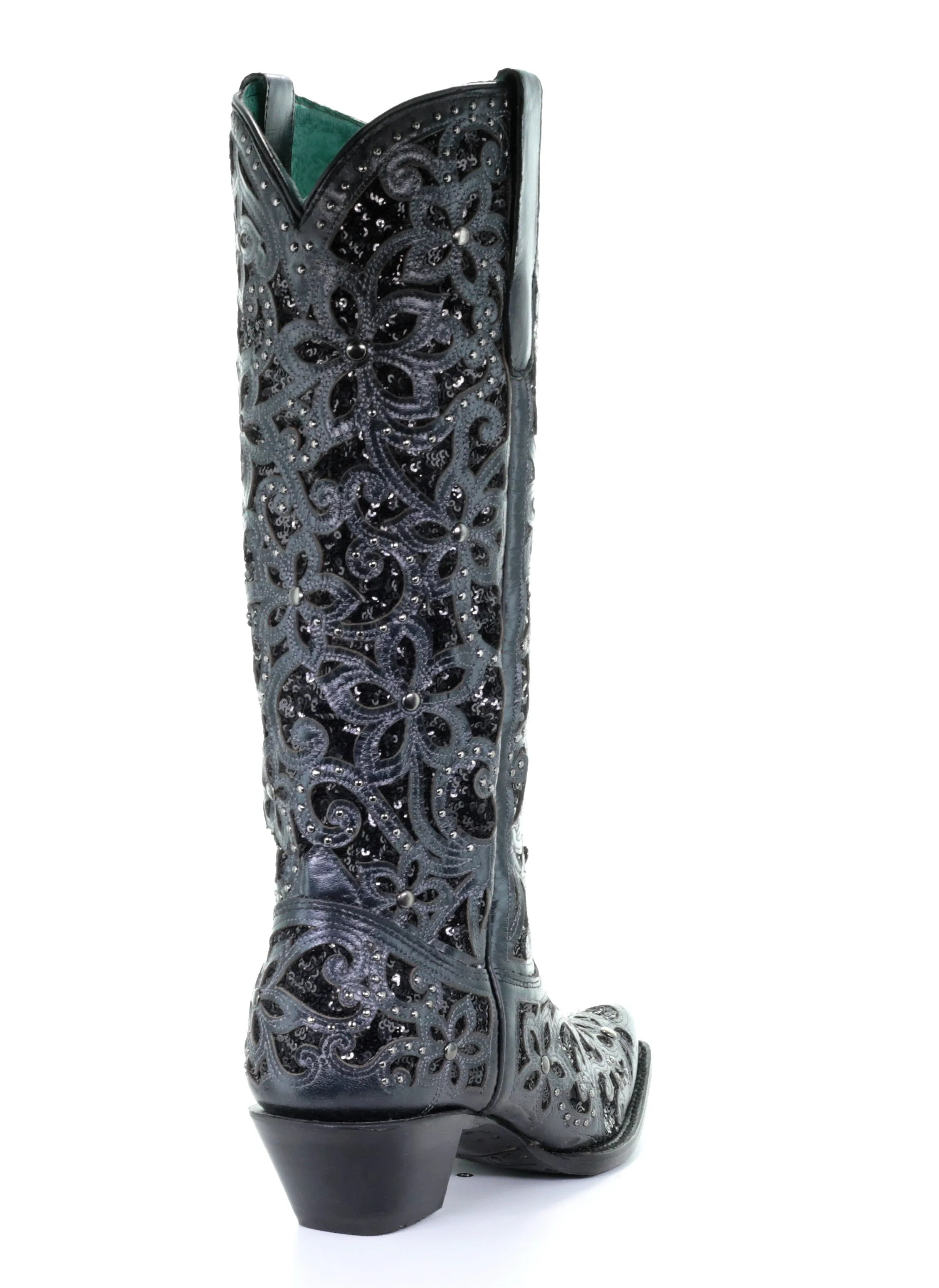 A3589 - Corral black western cowgirl leather sequins knee-high boots for women