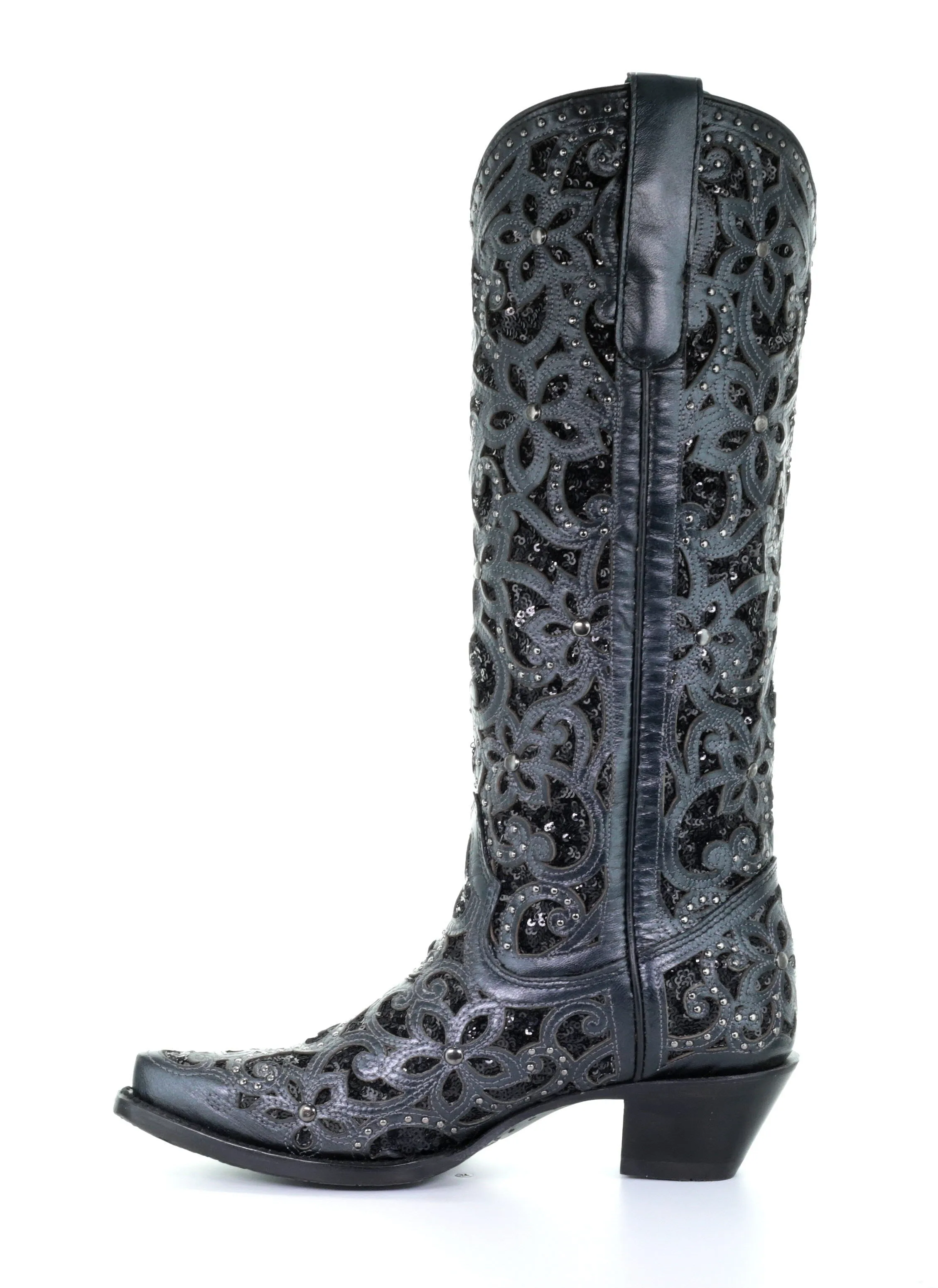 A3589 - Corral black western cowgirl leather sequins knee-high boots for women