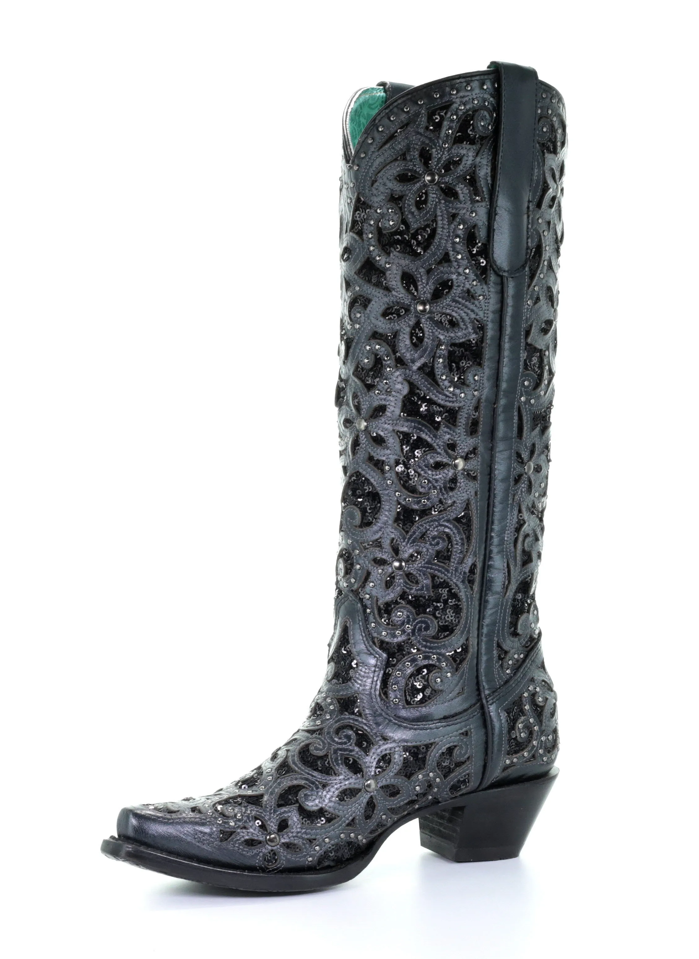 A3589 - Corral black western cowgirl leather sequins knee-high boots for women