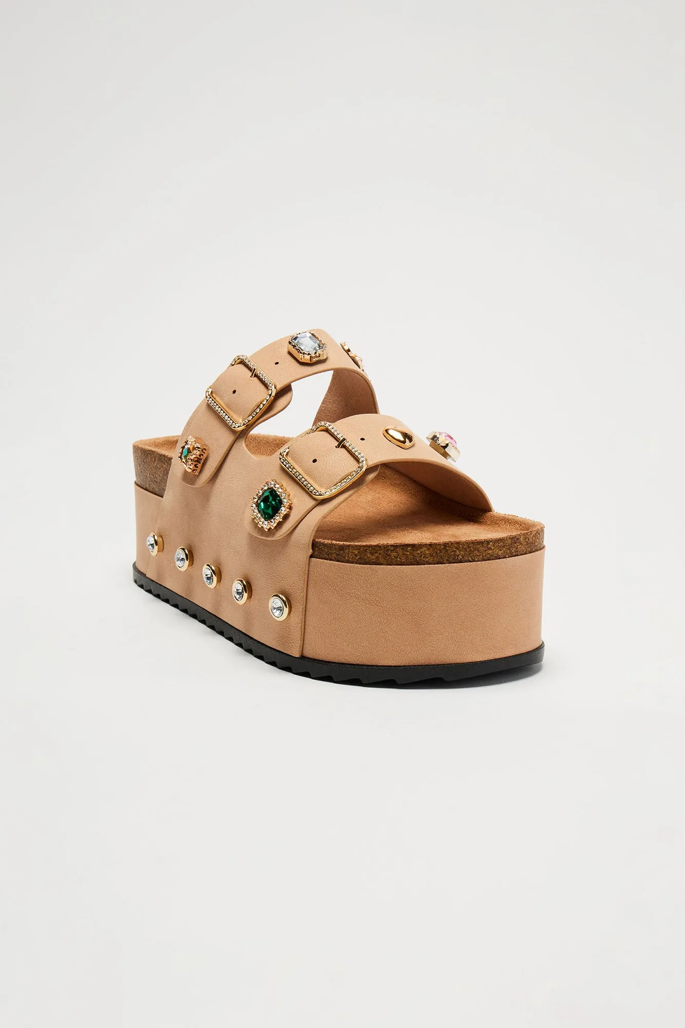 Arabelle Embellished Platform Slides - Nude