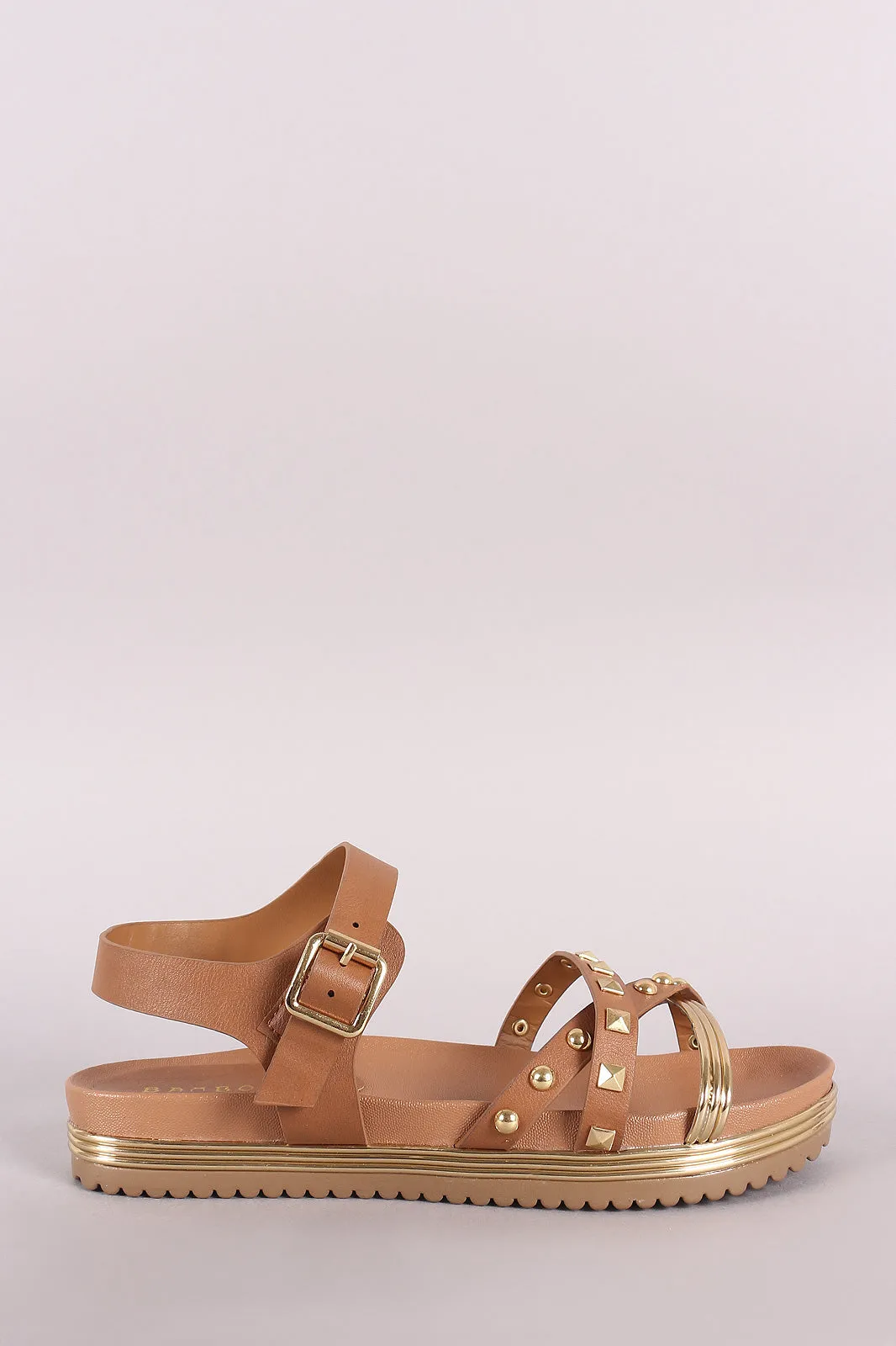 Bamboo Studded Metallic Ankle Strap Low Flatform Sandal