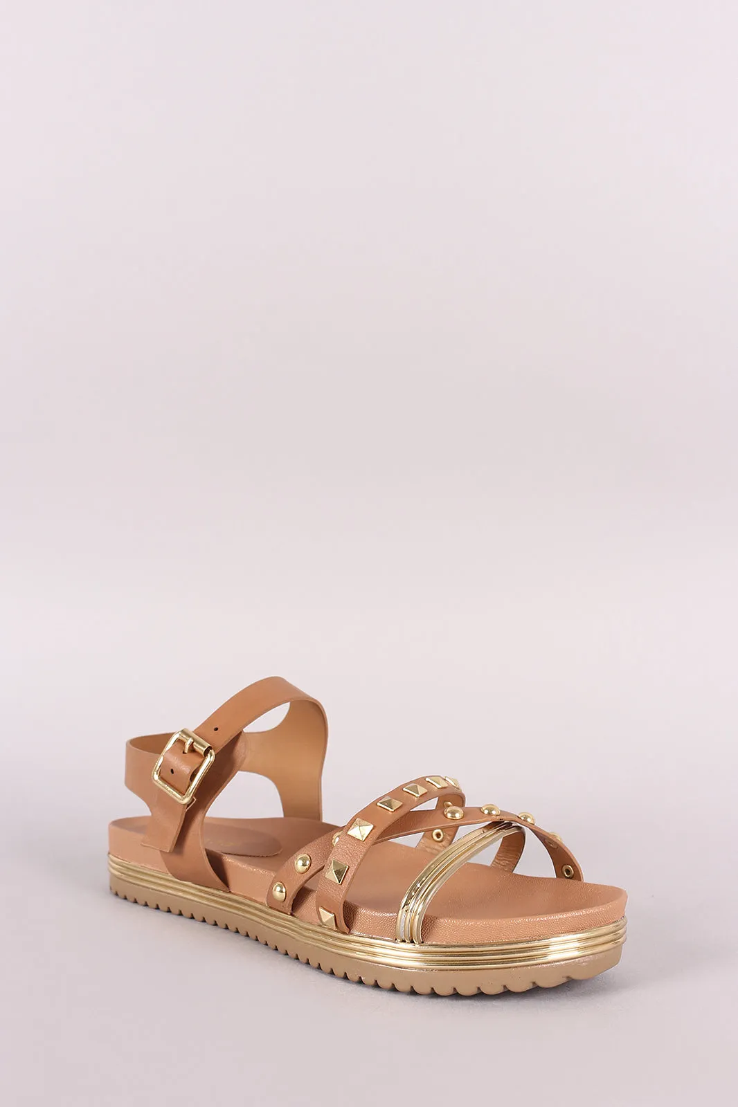 Bamboo Studded Metallic Ankle Strap Low Flatform Sandal