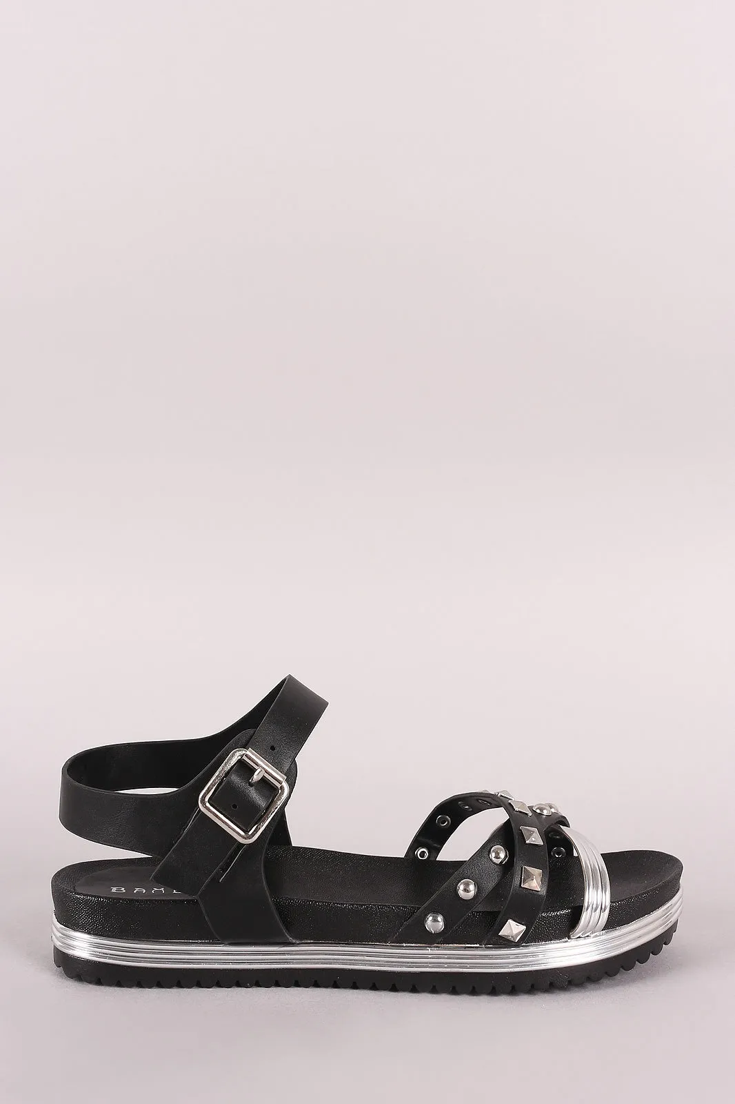 Bamboo Studded Metallic Ankle Strap Low Flatform Sandal