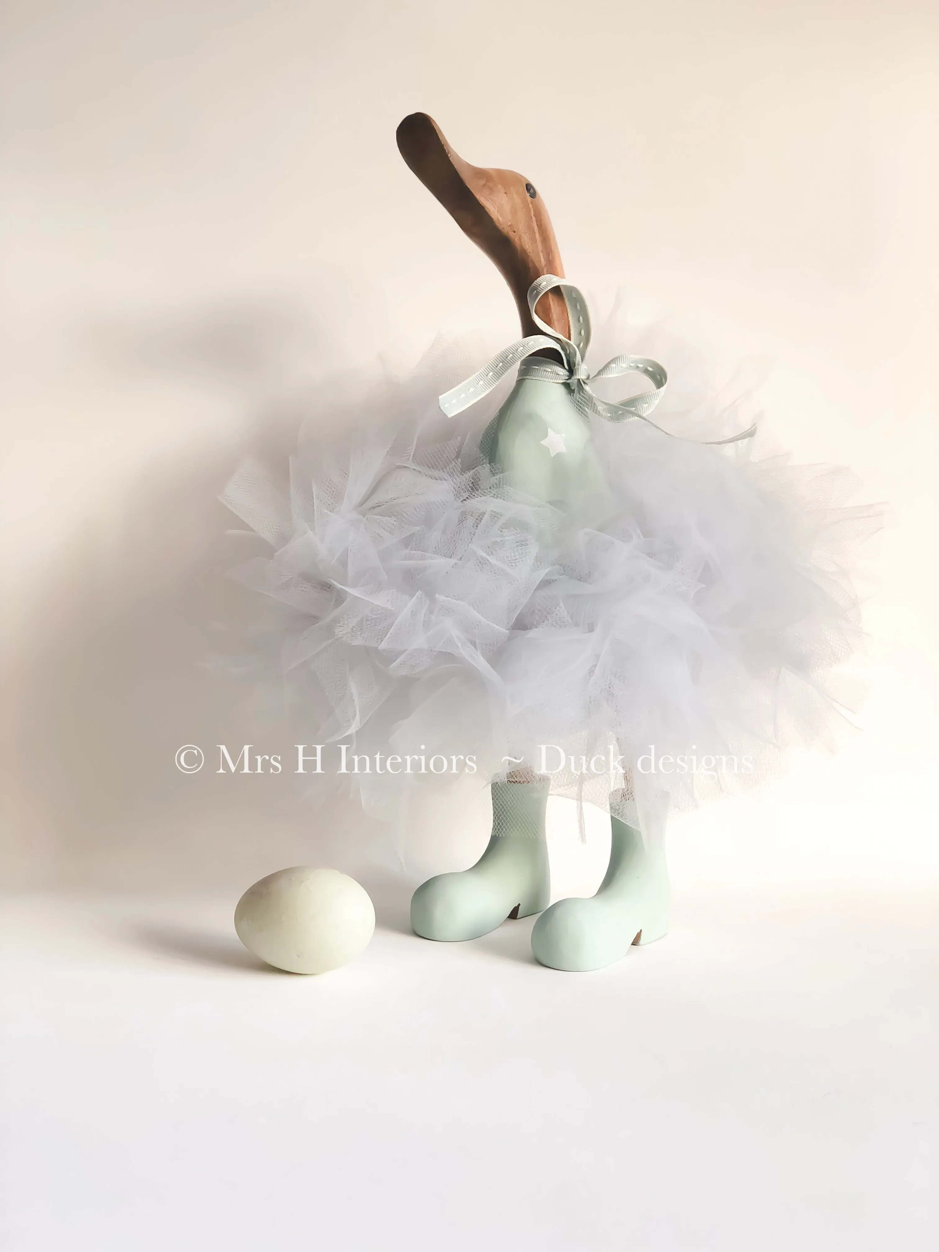 Bea - Grey with Hearts Grey Tutu Duckling - Decorated Wooden Duck in Boots by Mrs H the Duck Lady