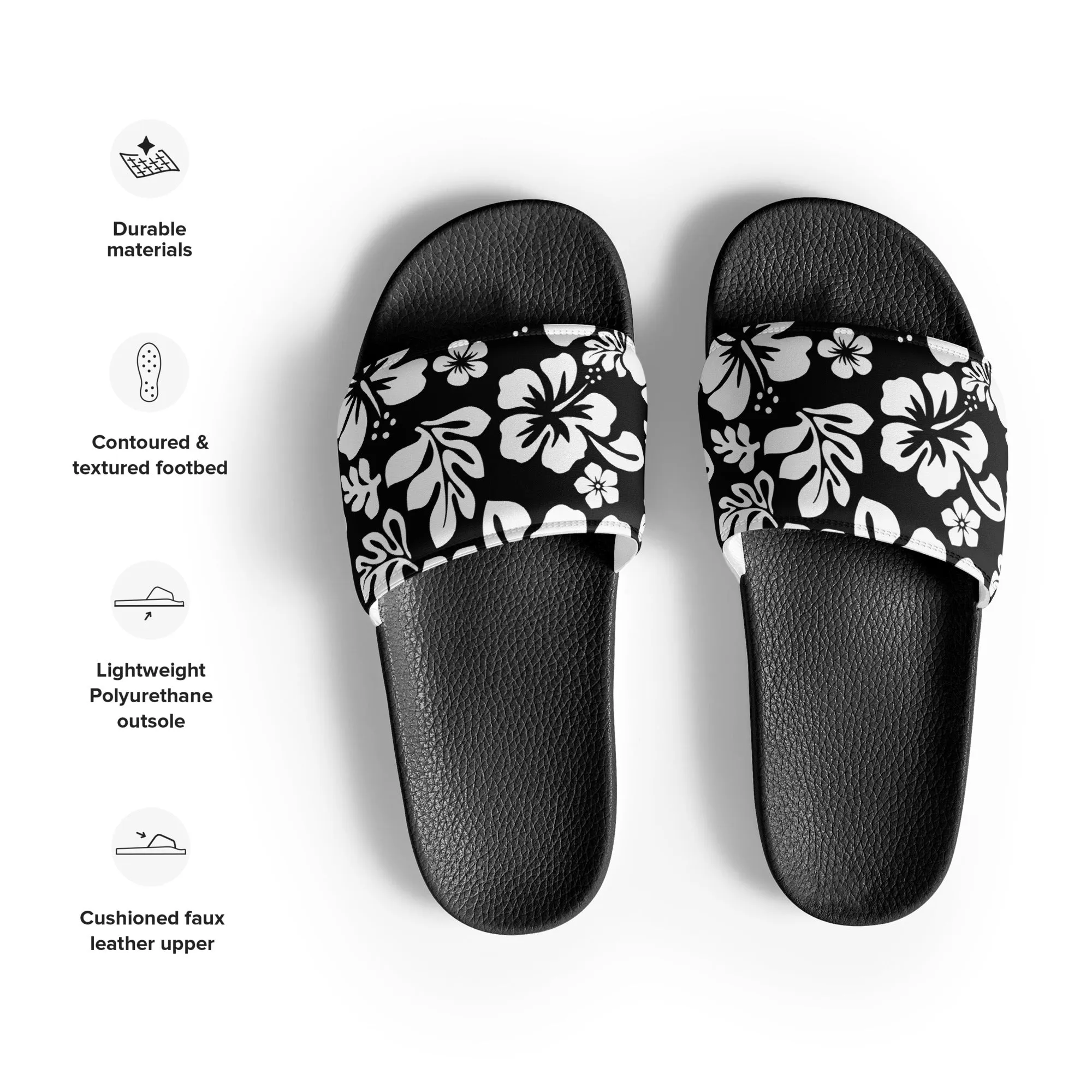 Black and White Hawaiian Flowers Men’s Slides Sandals