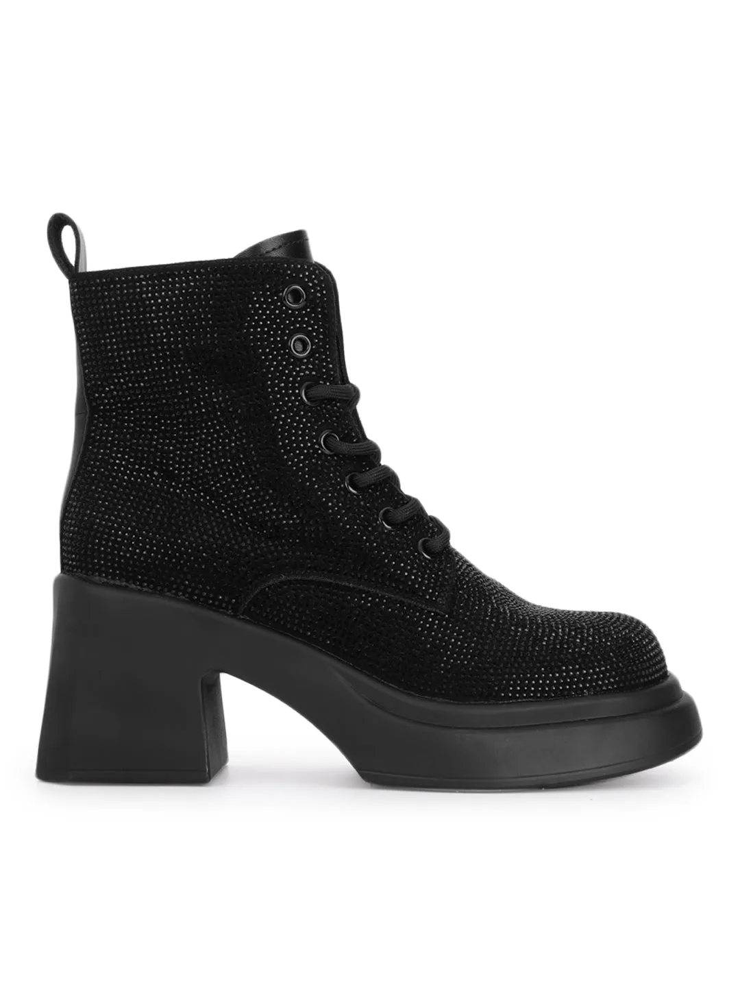 Black Diamante Embellished Lace-Up Ankle Boots (TC-RS3642-BLK)