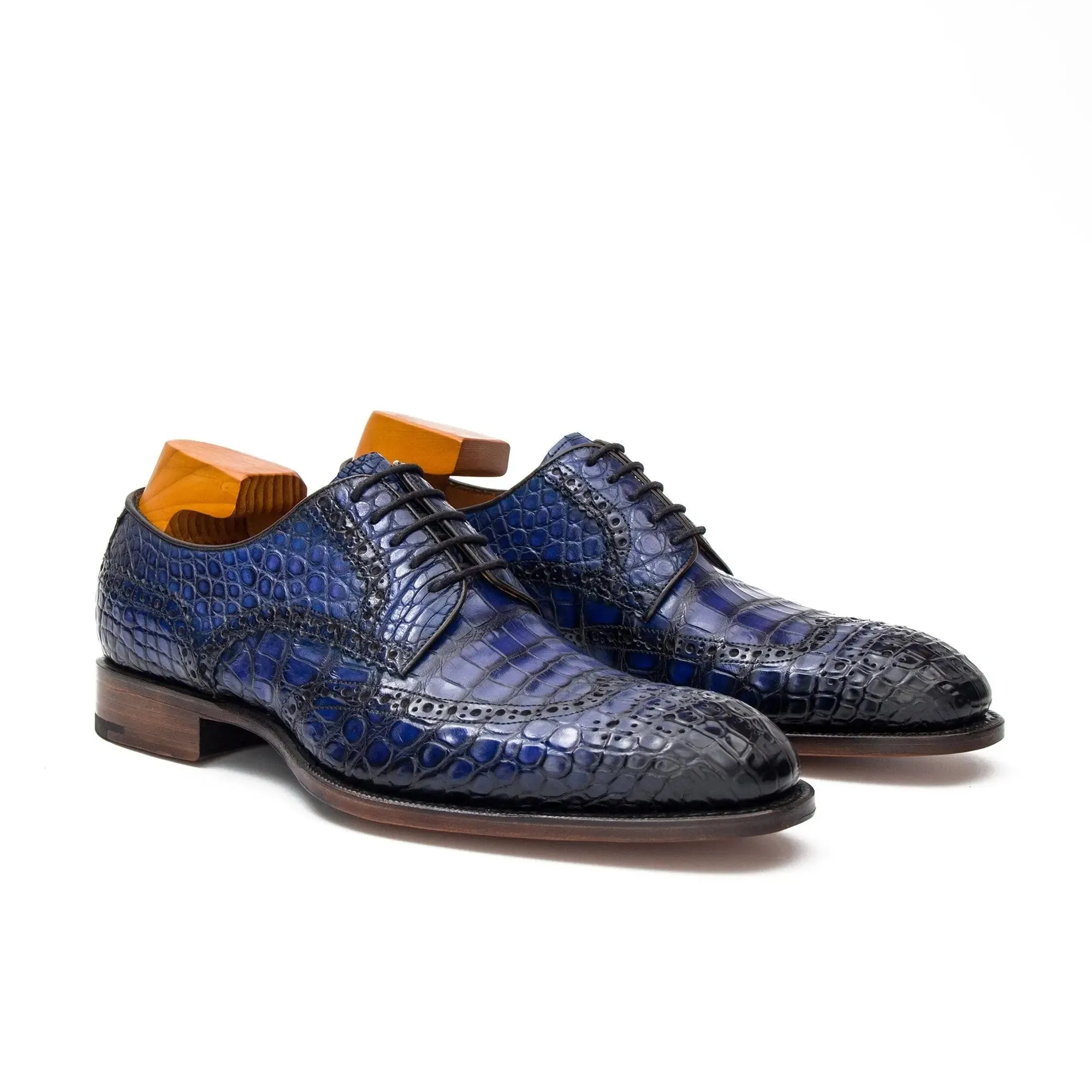 Blue Crocodile Leather Derby Shoes-Blue