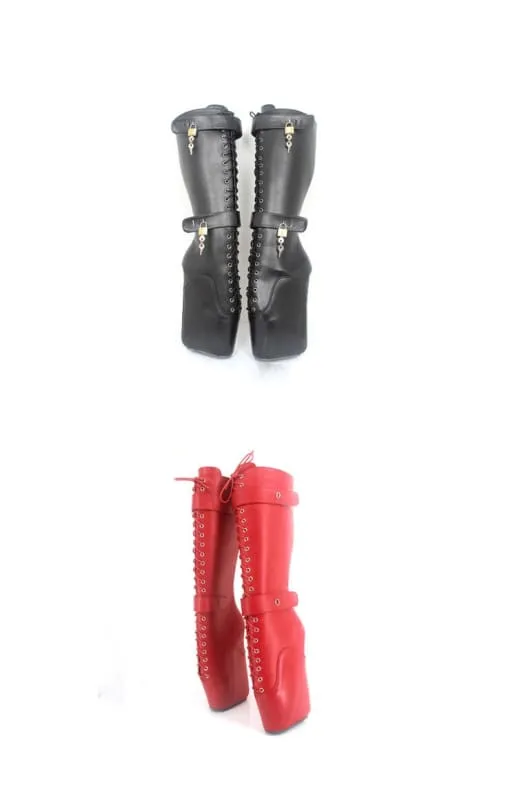 Bright Red Knee-high Lace Up Ballet Boots with Buckles