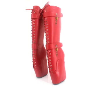 Bright Red Knee-high Lace Up Ballet Boots with Buckles