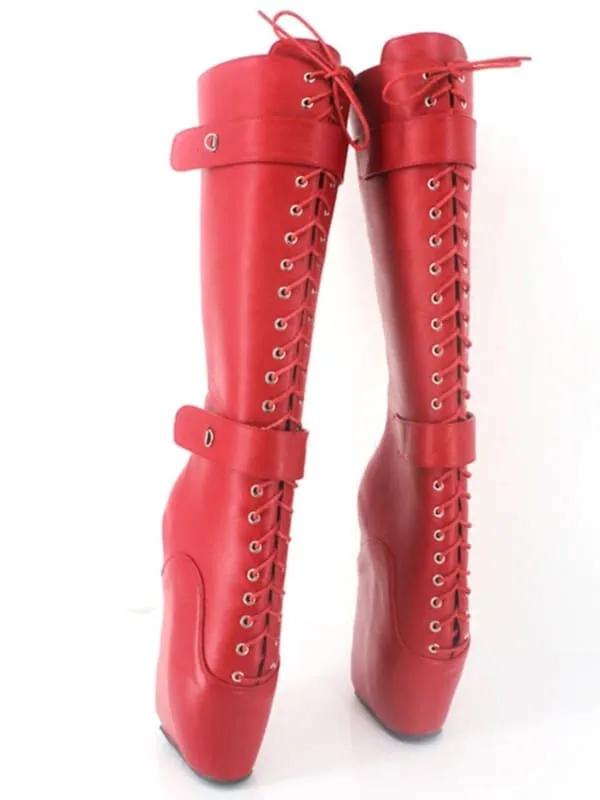 Bright Red Knee-high Lace Up Ballet Boots with Buckles