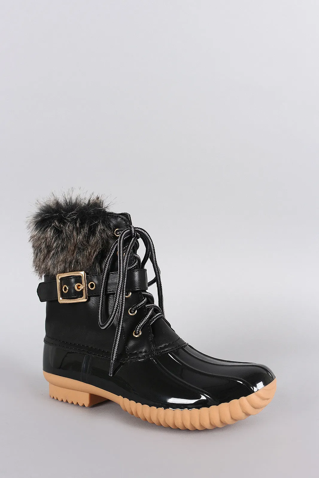 Buckled Faux Fur Cuff Lace Up Duck Ankle Boots