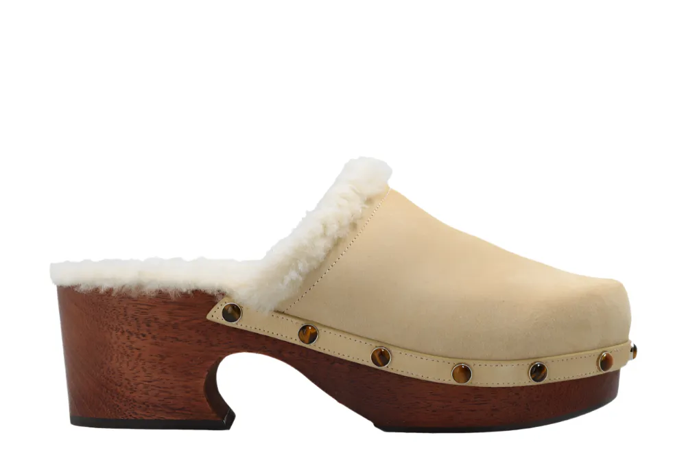 Chloe Aurna Beige Suede Clog Shoes Real Wood Structure