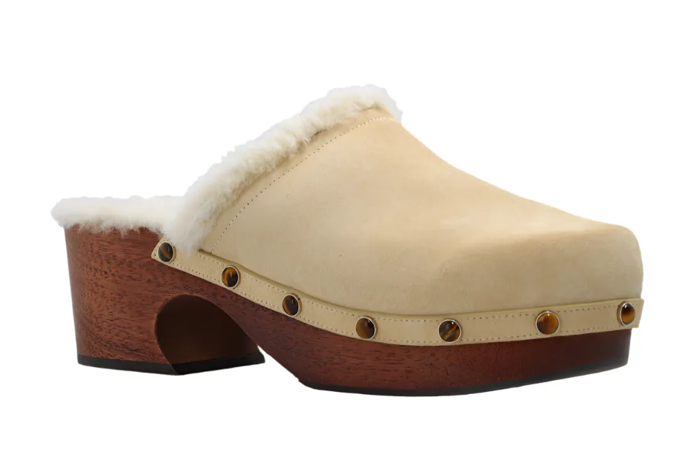 Chloe Aurna Beige Suede Clog Shoes Real Wood Structure