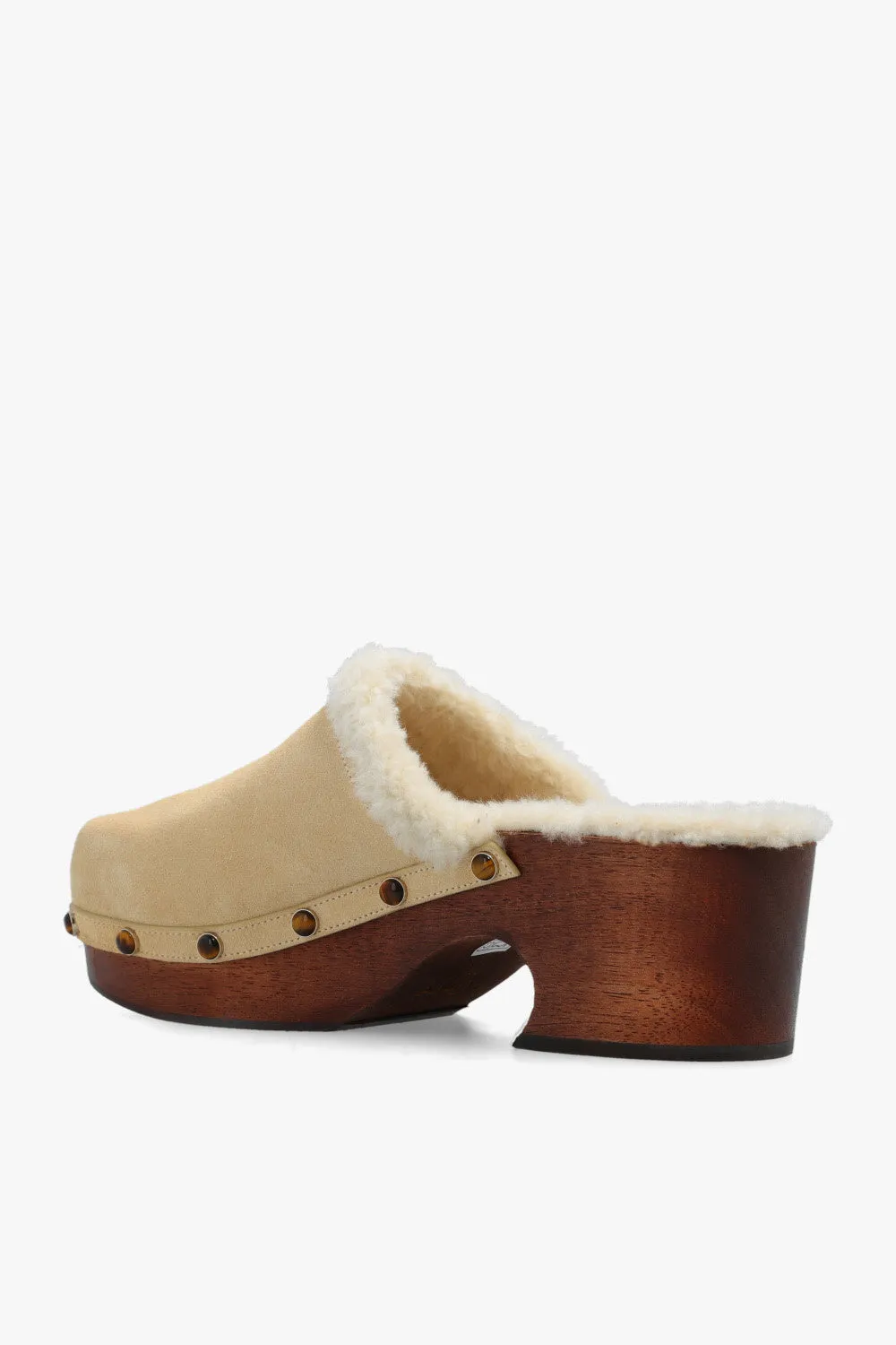 Chloe Aurna Beige Suede Clog Shoes Real Wood Structure