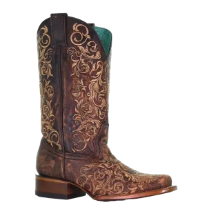 Corral Ladies Honey Brown Embroidered Square Toe Western Boots Z5022