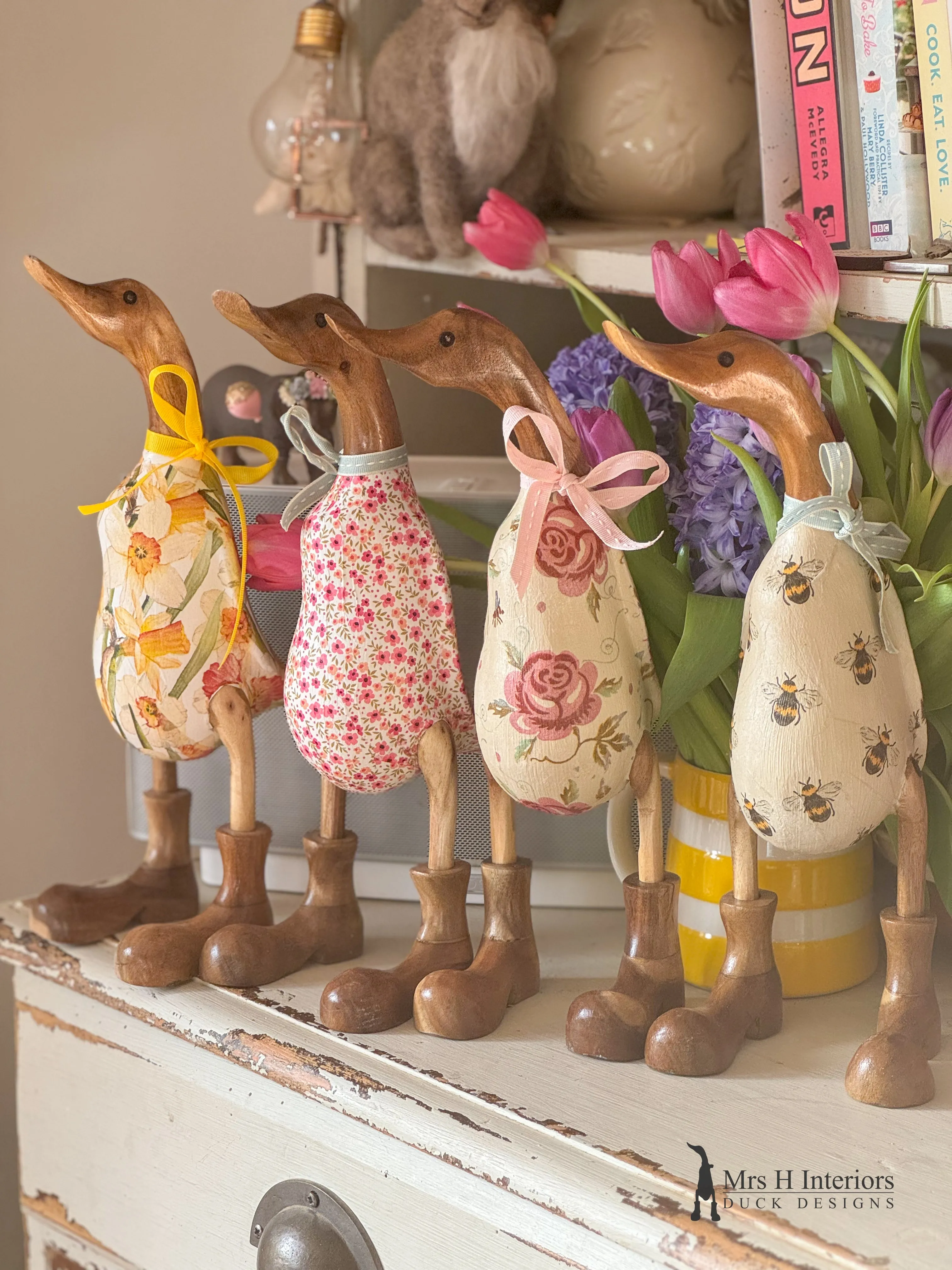 Daffy the daffodil floral decorated Wooden Duck in Boots by Mrs H the Duck Lady