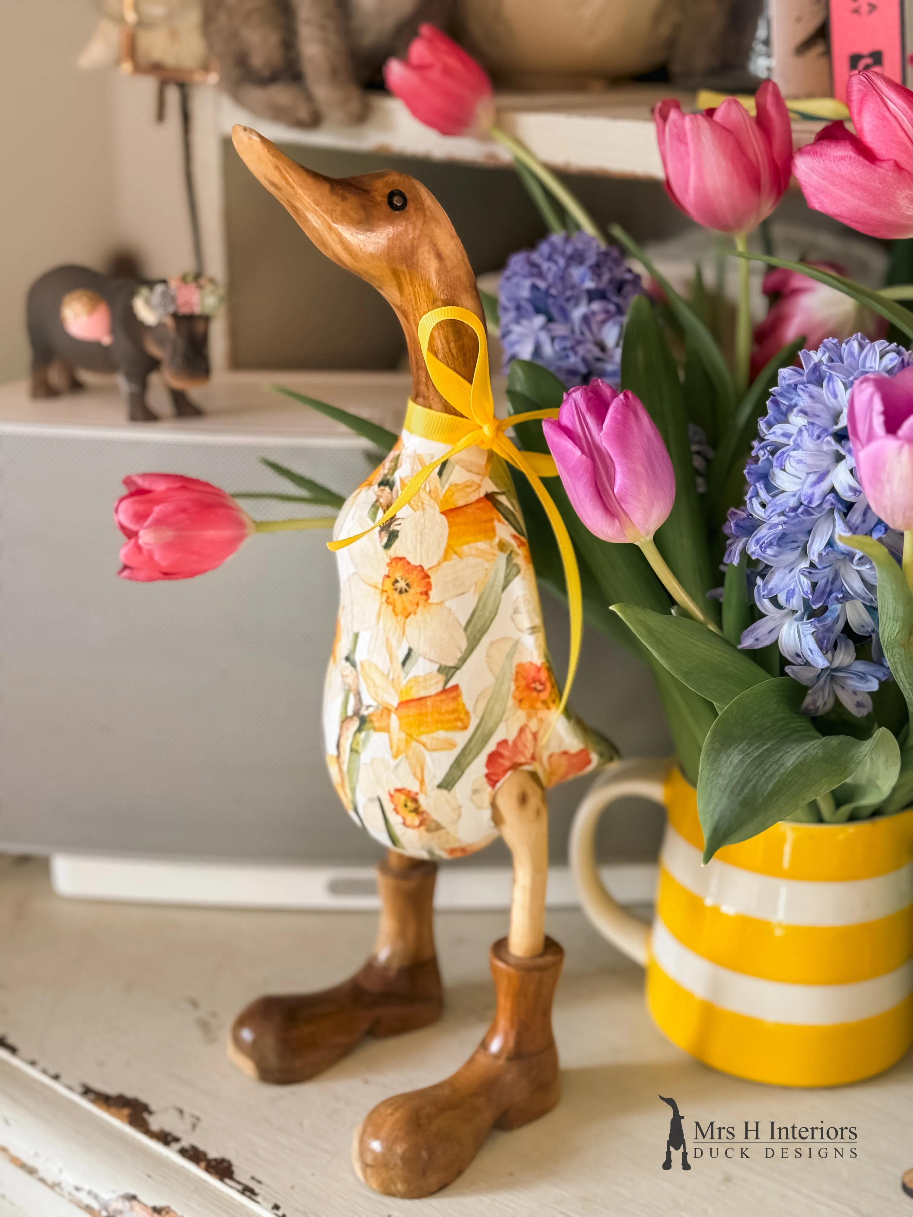 Daffy the daffodil floral decorated Wooden Duck in Boots by Mrs H the Duck Lady