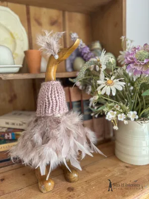 Darcy, merino wool and mink feather wearing bird - Decorated Wooden Duck in Boots by Mrs H the Duck Lady