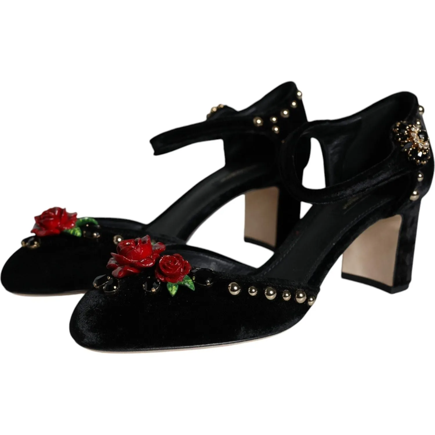 Dolce & Gabbana Black Velvet Roses Ankle Strap Pumps Shoes