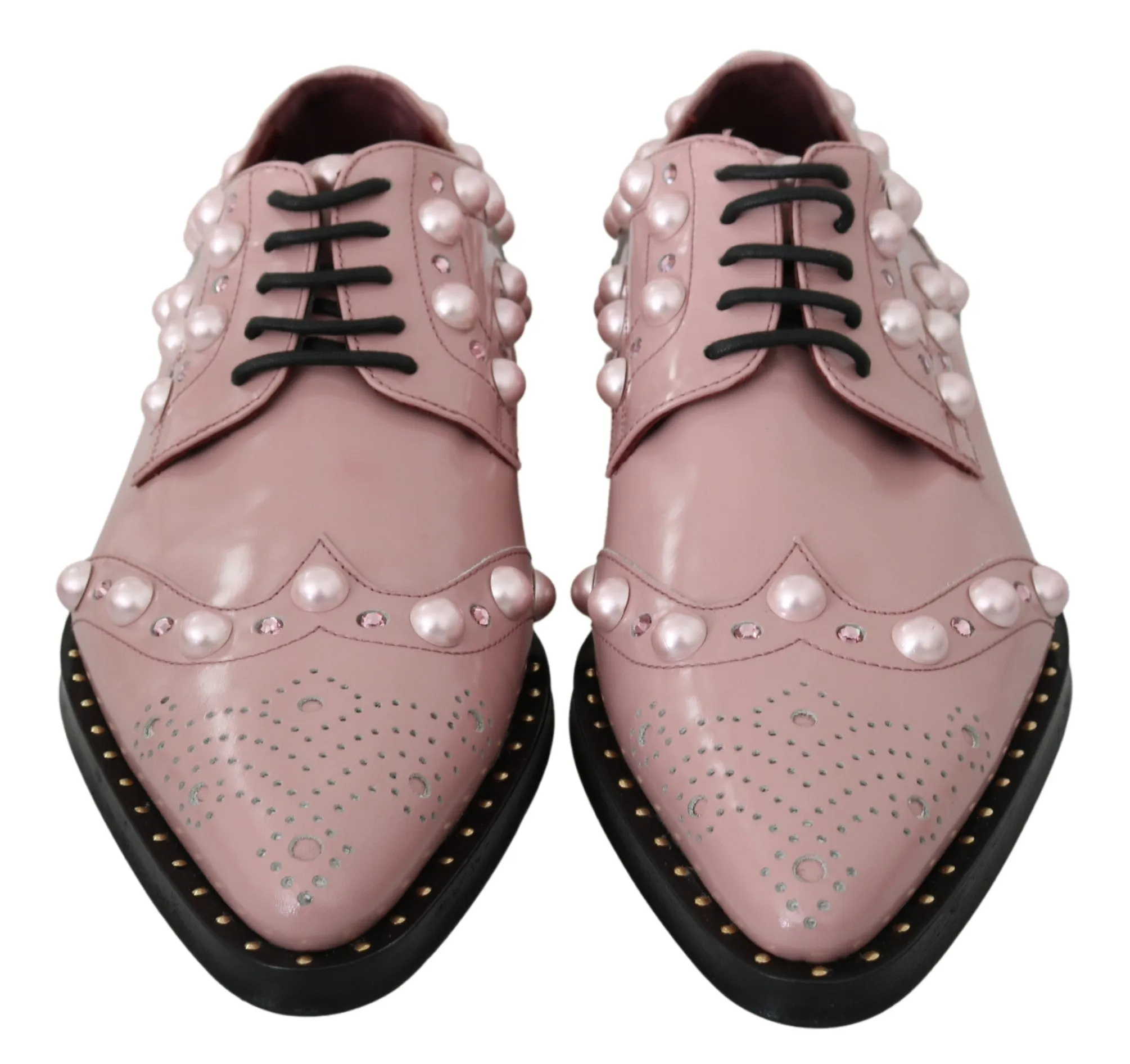 Dolce & Gabbana Pink Leather Crystal Pearls Studs Formal Shoes