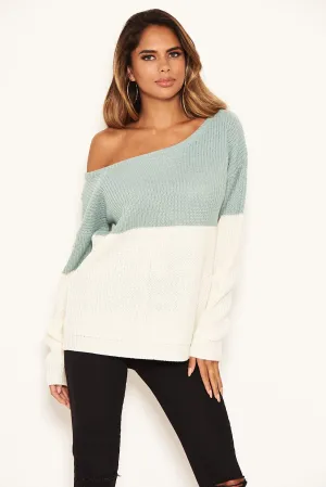 Duck Egg And Cream Knit Off Shoulder Jumper