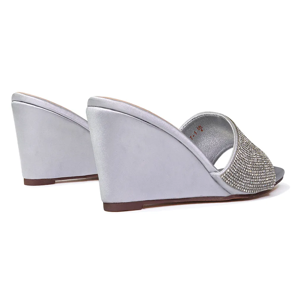 Eliza Slip On Mule Diamante Sandal Wedge Heels With Square Toe in Silver