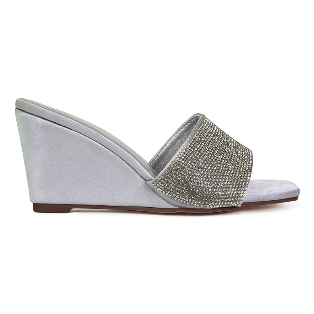 Eliza Slip On Mule Diamante Sandal Wedge Heels With Square Toe in Silver