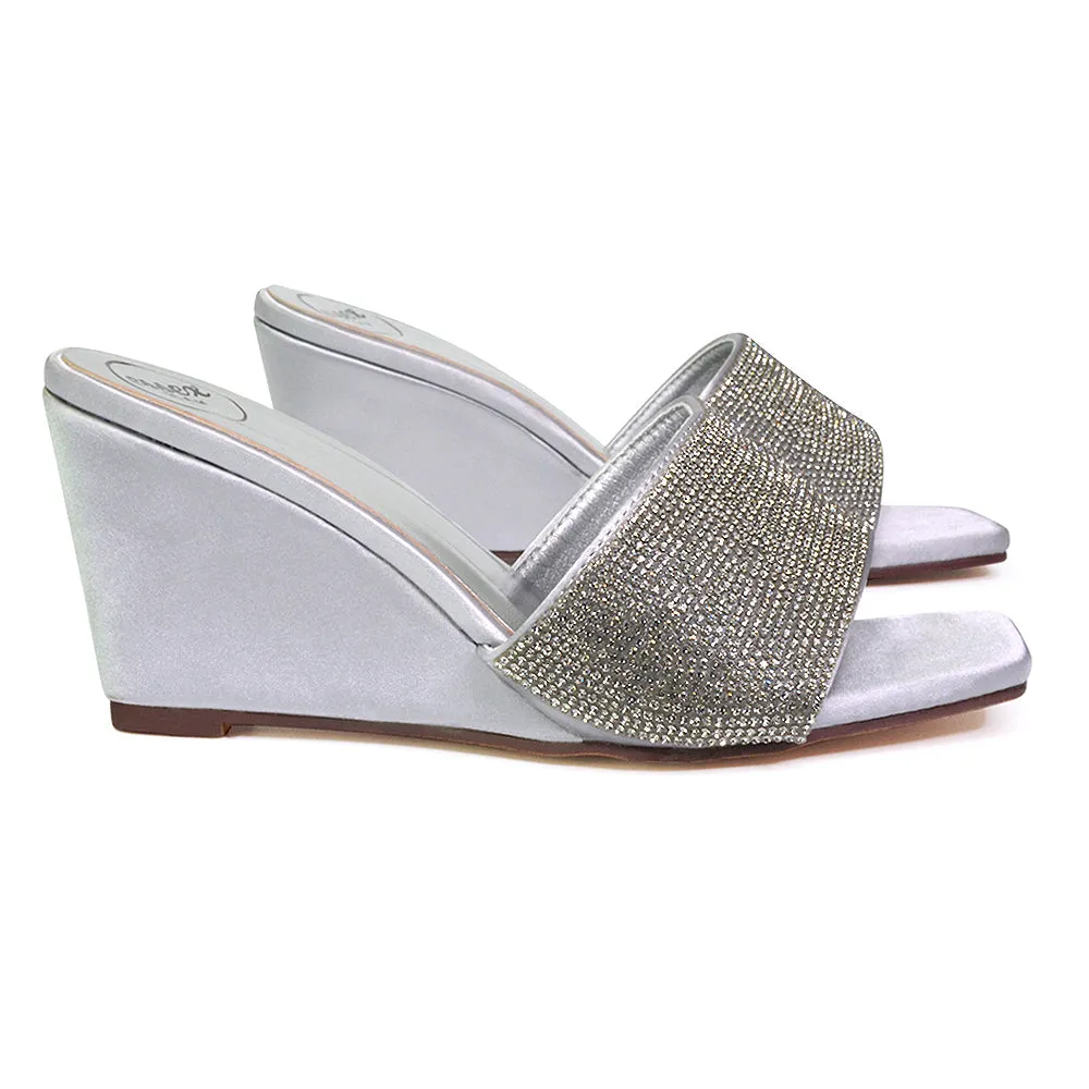 Eliza Slip On Mule Diamante Sandal Wedge Heels With Square Toe in Silver