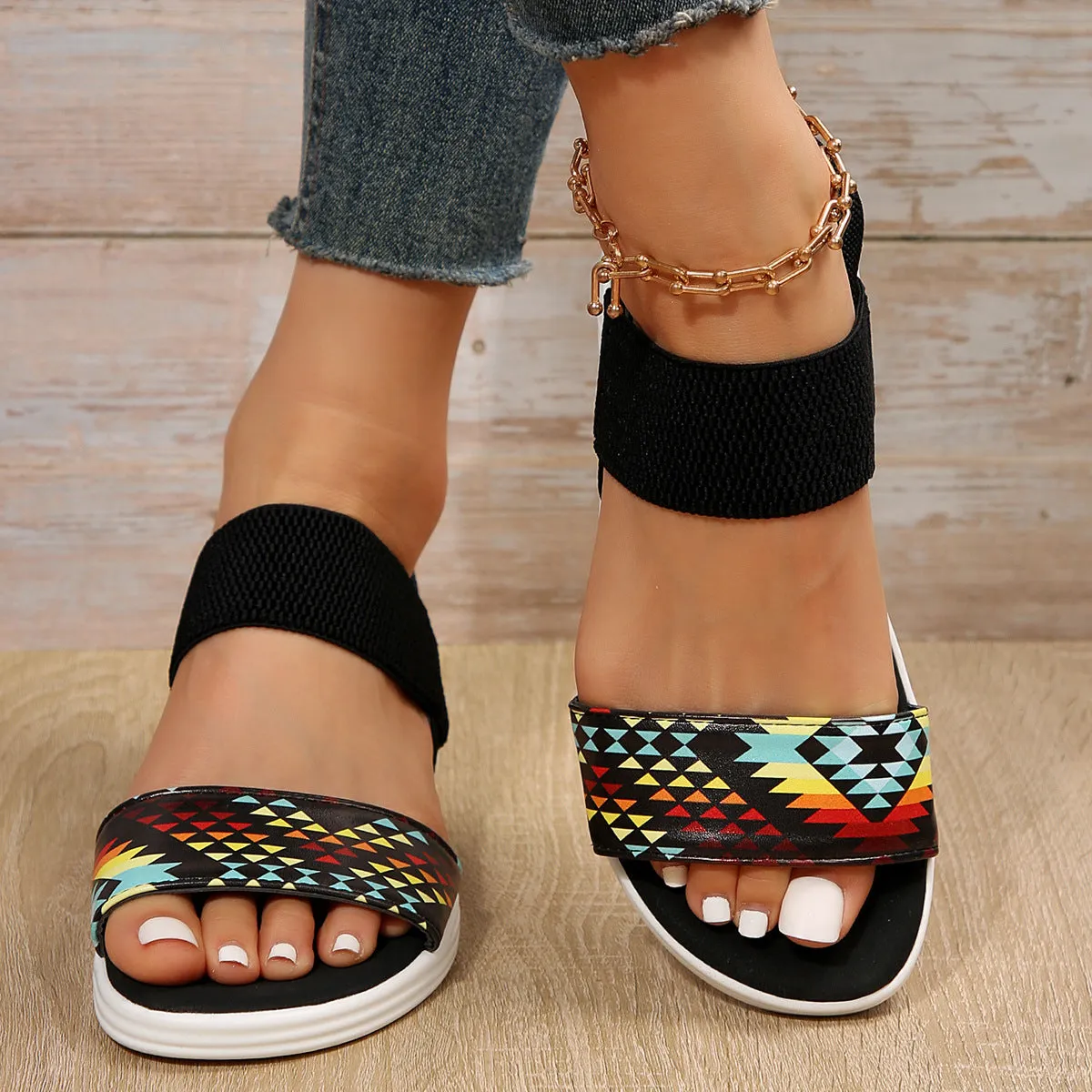 Ethnic Tribe Print Flat Slingback Sandals