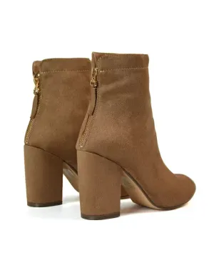 Evia Zip-Up Mid Block Heel Sock Ankle Boots in Tan Faux Suede