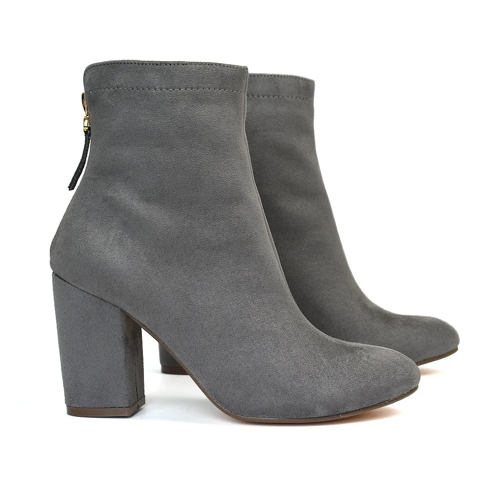 Evia Zip-Up Mid Block Heel Sock Ankle Boots in Tan Faux Suede