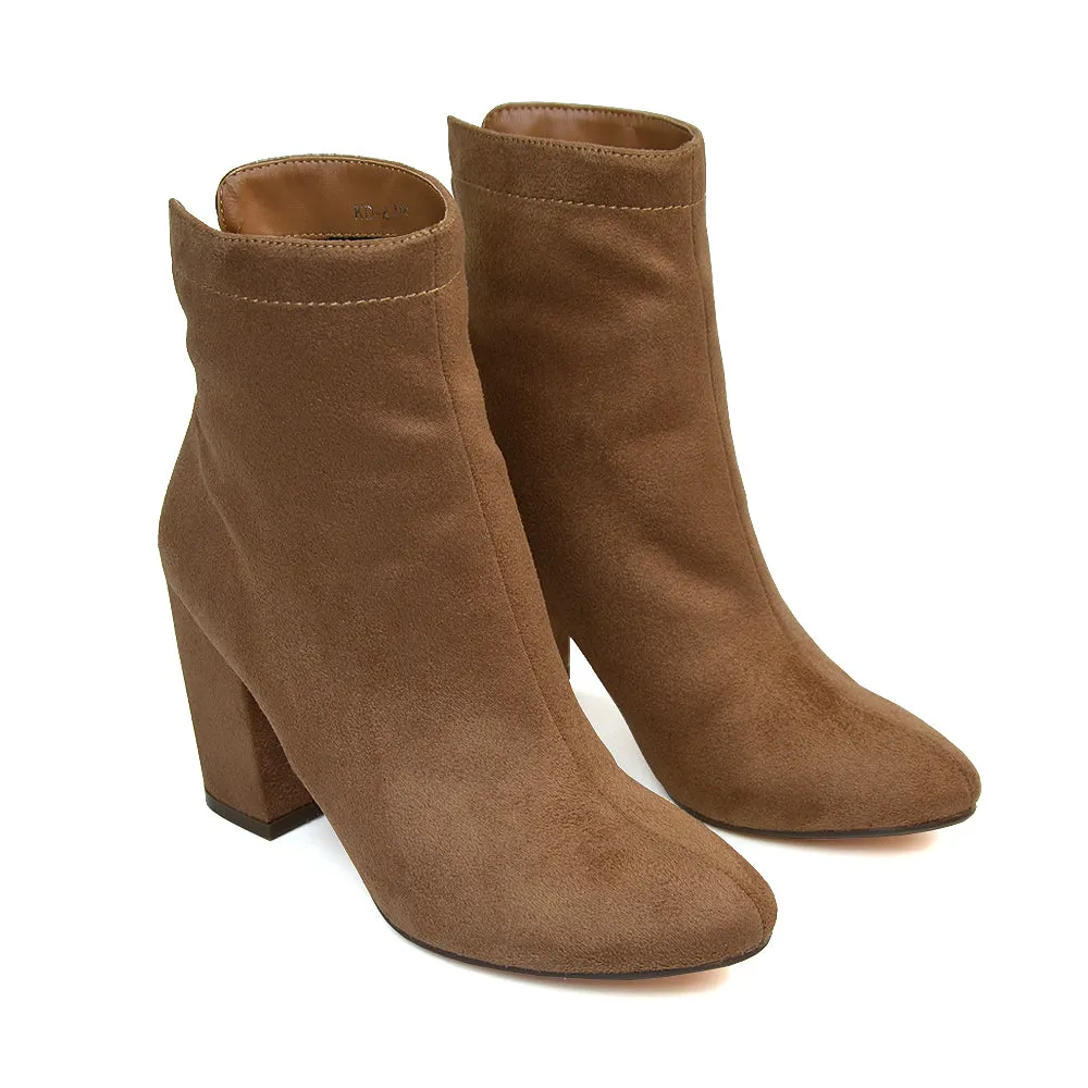 Evia Zip-Up Mid Block Heel Sock Ankle Boots in Tan Faux Suede