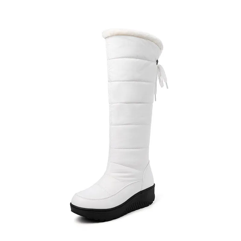 Faux fur lining down cloth under the knee snow boots back tie-up