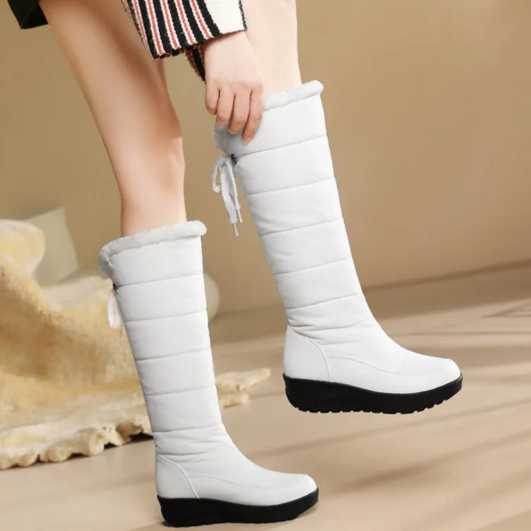 Faux fur lining down cloth under the knee snow boots back tie-up