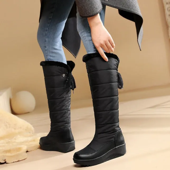 Faux fur lining down cloth under the knee snow boots back tie-up