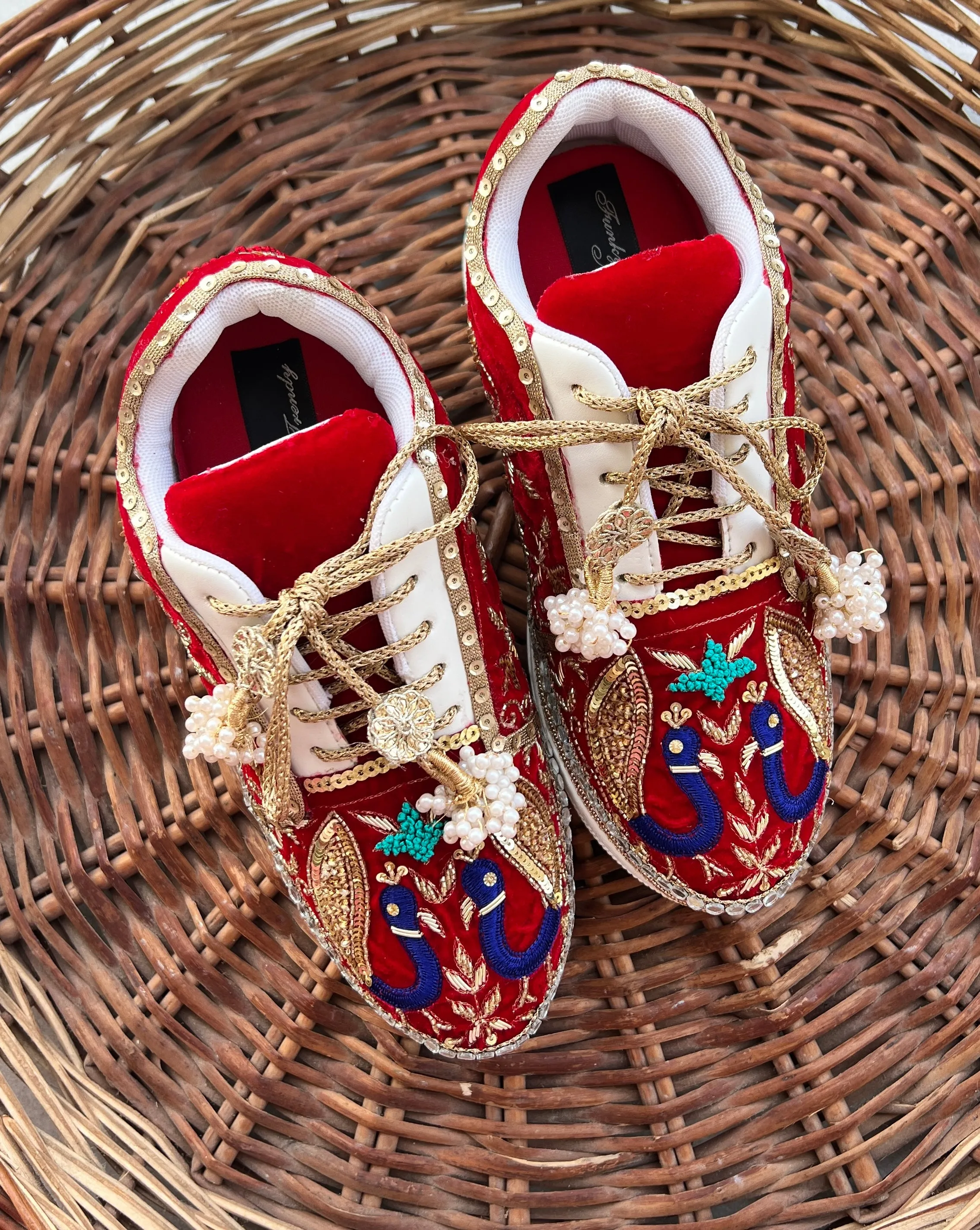 FUNKY N TRENDY red hand embroidered sneakers for brides /bridesmaids / sneakers for bridesmaids/ handcrafted sneakers/ sequine sneakers / bridal sneakers / bridesmaid sneakers/ red sneakers /embroidered shoes/ zardozi sneakers/peacock sneakers