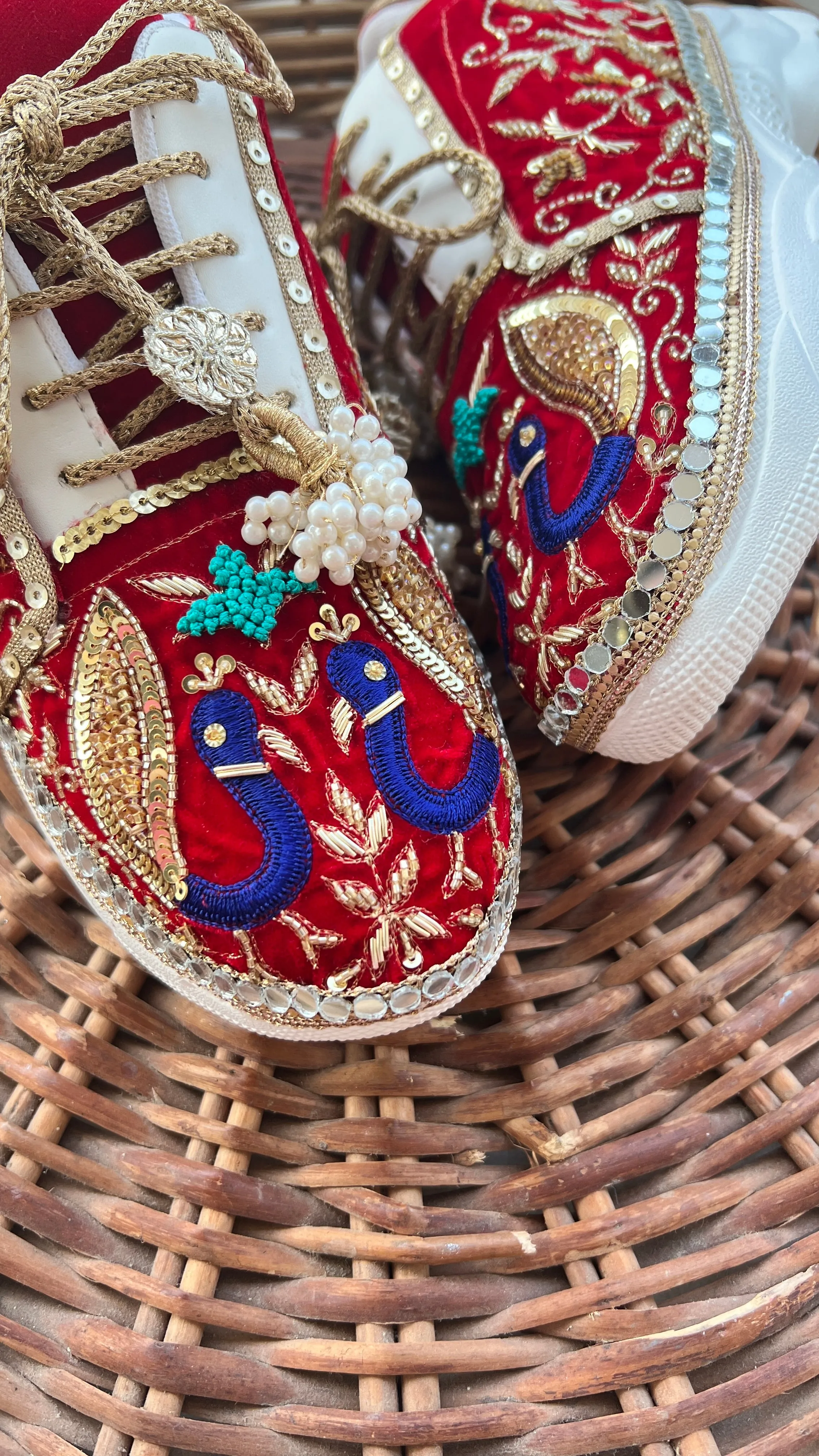 FUNKY N TRENDY red hand embroidered sneakers for brides /bridesmaids / sneakers for bridesmaids/ handcrafted sneakers/ sequine sneakers / bridal sneakers / bridesmaid sneakers/ red sneakers /embroidered shoes/ zardozi sneakers/peacock sneakers