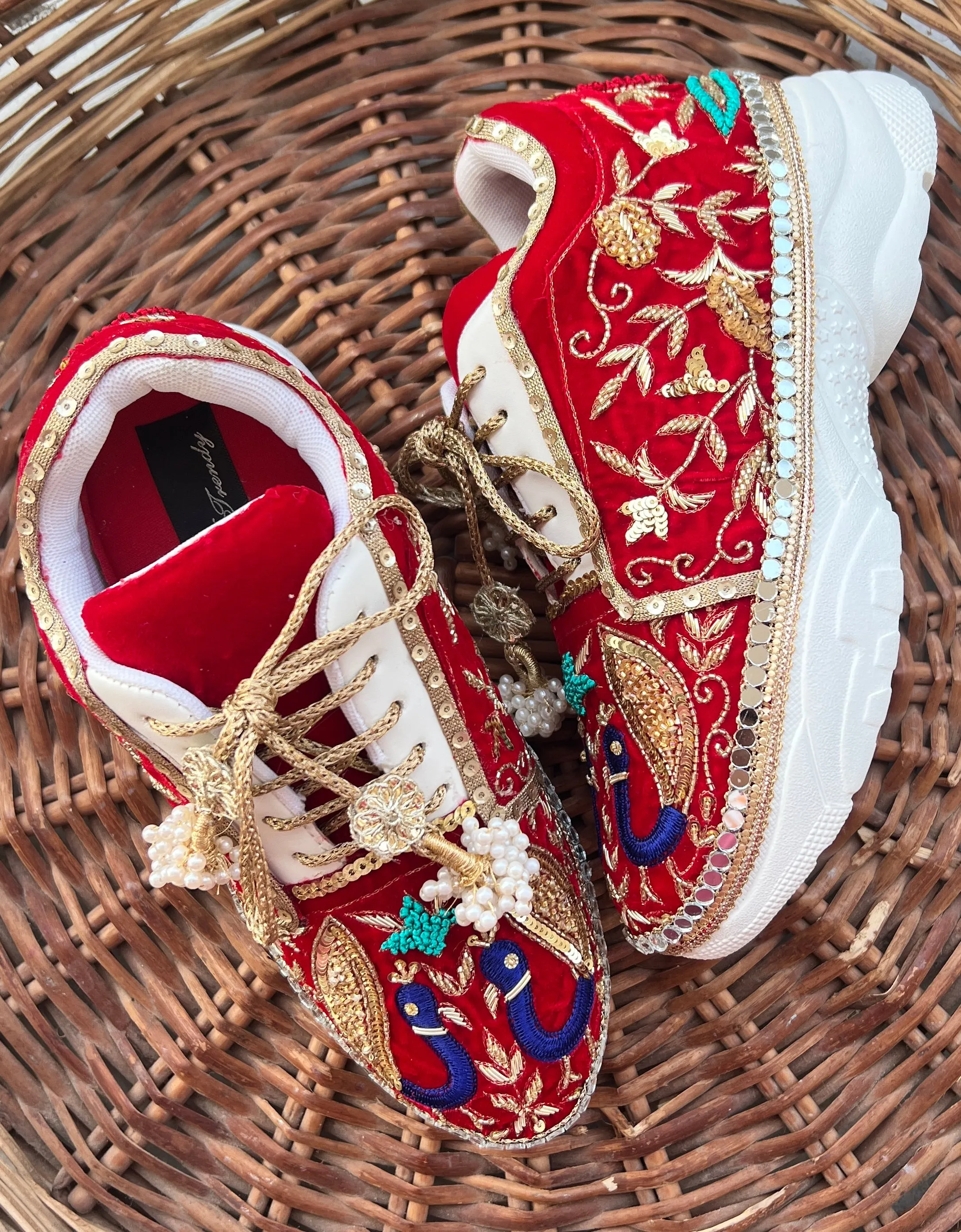 FUNKY N TRENDY red hand embroidered sneakers for brides /bridesmaids / sneakers for bridesmaids/ handcrafted sneakers/ sequine sneakers / bridal sneakers / bridesmaid sneakers/ red sneakers /embroidered shoes/ zardozi sneakers/peacock sneakers