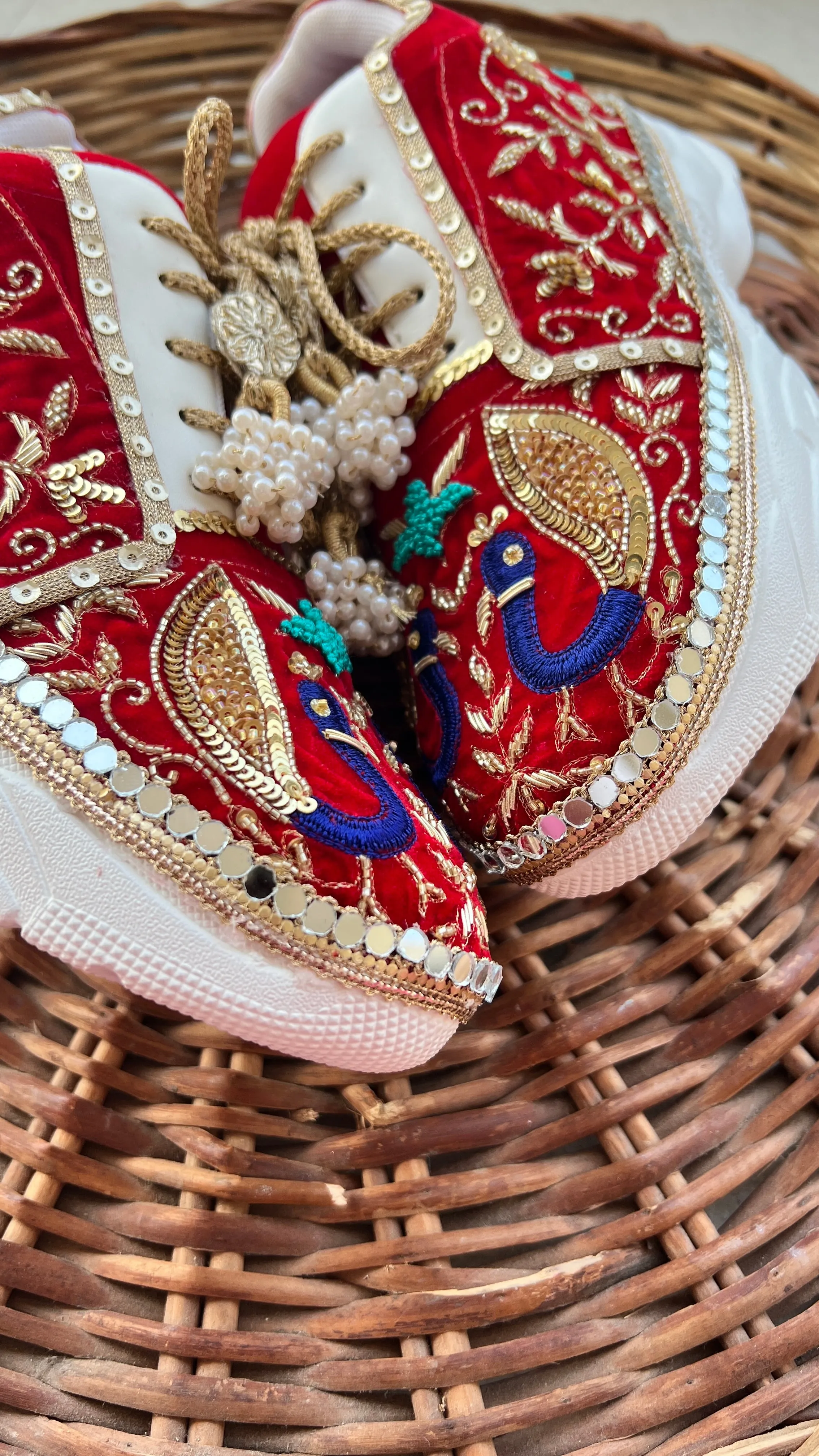 FUNKY N TRENDY red hand embroidered sneakers for brides /bridesmaids / sneakers for bridesmaids/ handcrafted sneakers/ sequine sneakers / bridal sneakers / bridesmaid sneakers/ red sneakers /embroidered shoes/ zardozi sneakers/peacock sneakers