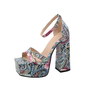 Graffiti Print Square Toe High Heeled Platform Sandals