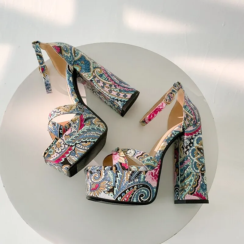 Graffiti Print Square Toe High Heeled Platform Sandals