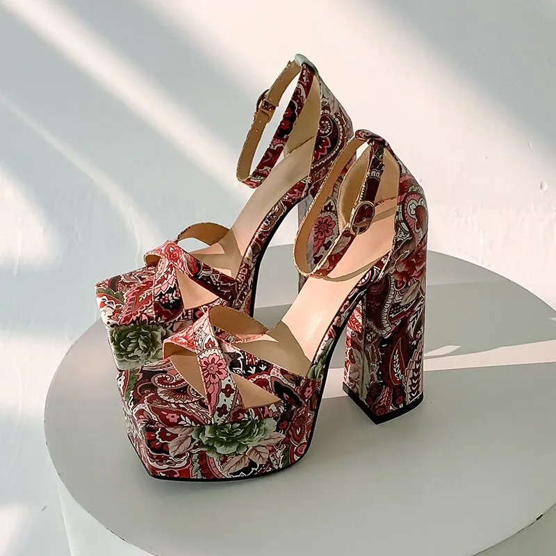 Graffiti Print Square Toe High Heeled Platform Sandals