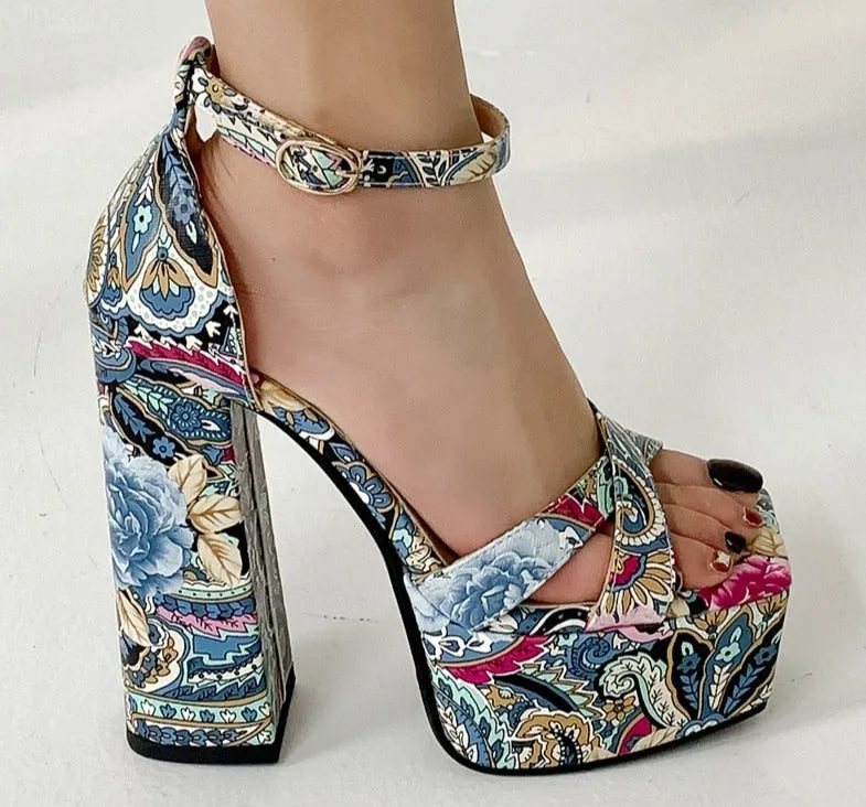 Graffiti Print Square Toe High Heeled Platform Sandals