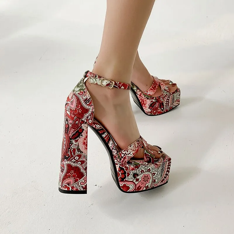 Graffiti Print Square Toe High Heeled Platform Sandals