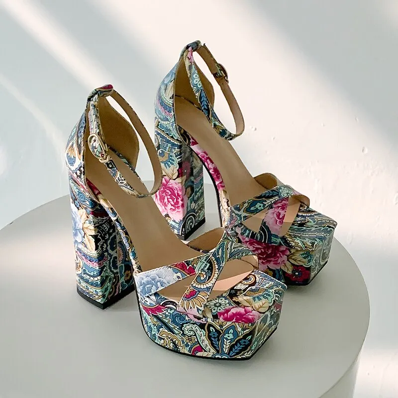 Graffiti Print Square Toe High Heeled Platform Sandals