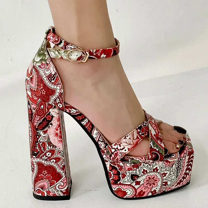 Graffiti Print Square Toe High Heeled Platform Sandals