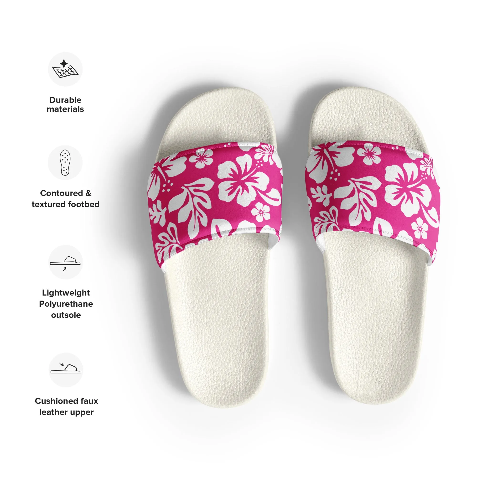 Hot Pink and White Hawaiian Flowers Men’s Slides Sandals