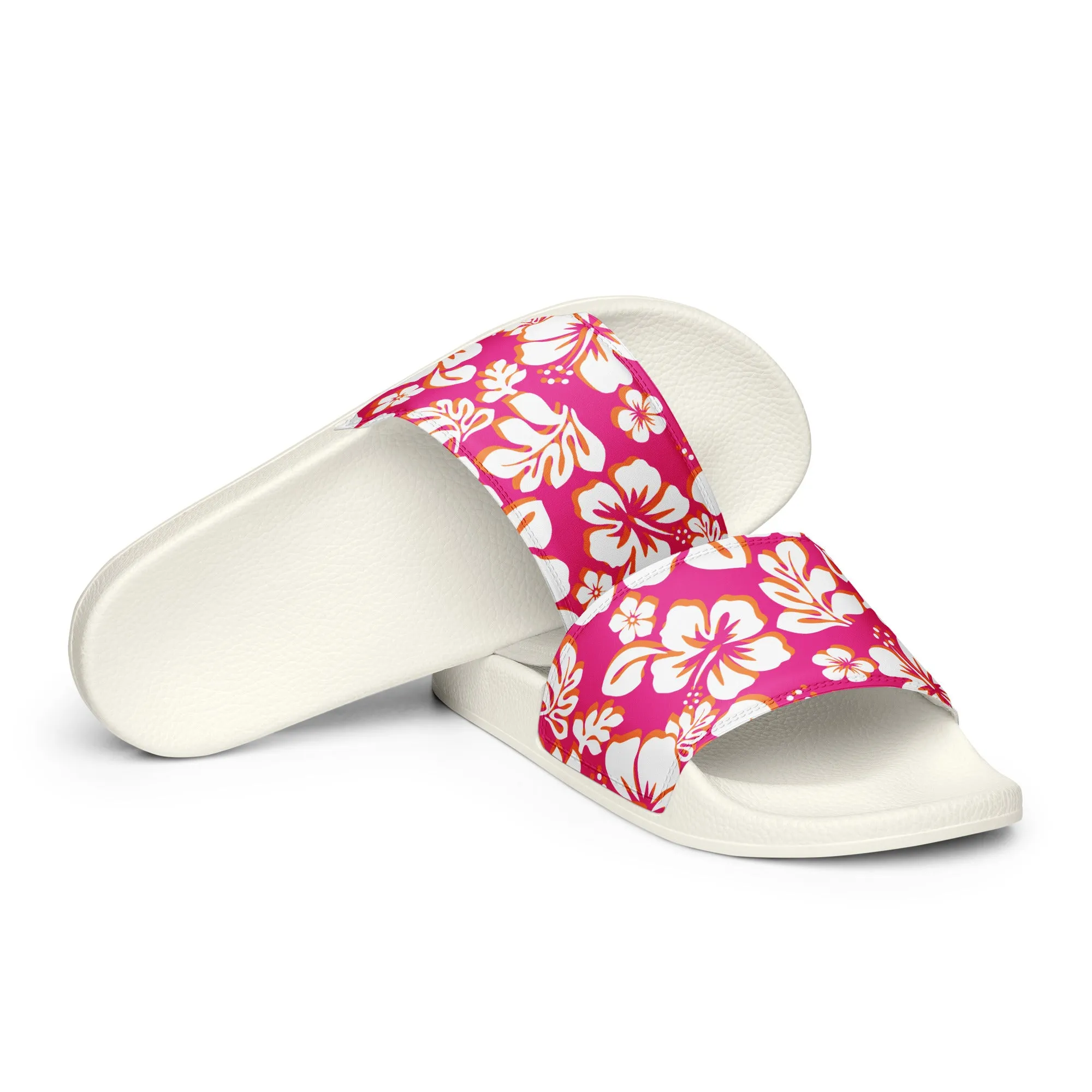 Hot Pink, Orange and White Hawaiian Flowers Men’s Slides Sandals